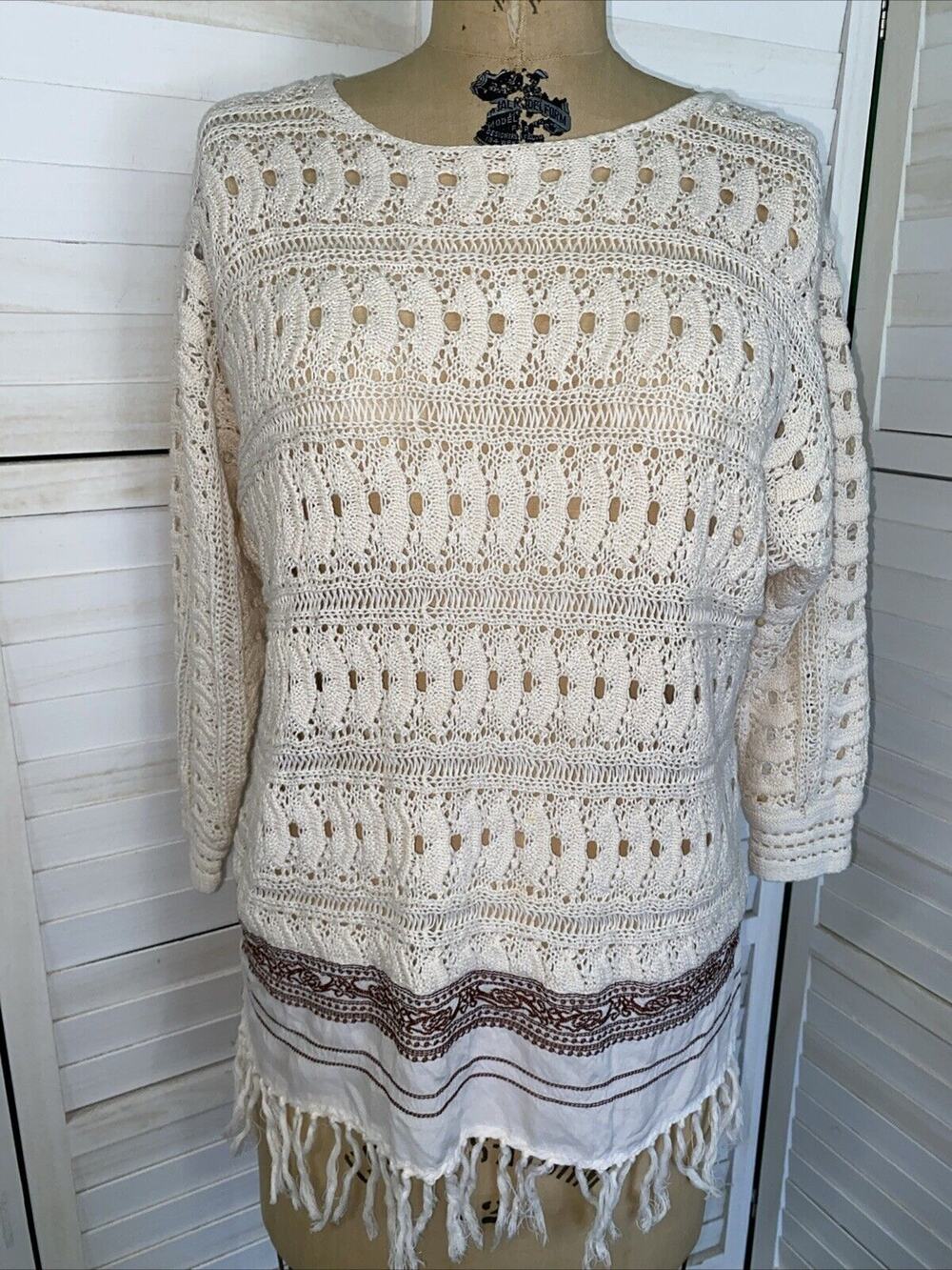 Nurture Cream Long Pullover Sweater Ramie Cotton Fringes Embroidery Sz Small